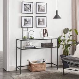 CALICOSY Metal Console Table With 2 Tempered Glass Shelves, 90 Cm Wide - SELIA in Black - thumbnail 5