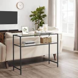 CALICOSY Metal Console Table With 2 Tempered Glass Shelves, 90 Cm Wide - SELIA in Black - thumbnail 2