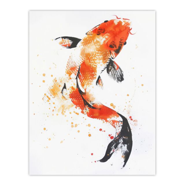 "Artery8 Japanese Koi Carp Fish Orange Black Watercolour Wall Art Print - Size: W18"" x H24""" - image 1