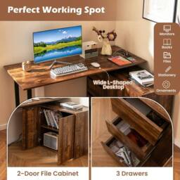 Costway L-Shaped Desk Reversible Corner Computer Desk Coffee in Brown - thumbnail 3