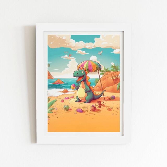 "Warren Reed - Designer Dragon On A Beach Holiday Framed Art Print in White - Size: W16"" x H24""" - image 1