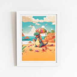 "Warren Reed - Designer Dragon On A Beach Holiday Framed Art Print in White - Size: W16"" x H24""" - thumbnail 2