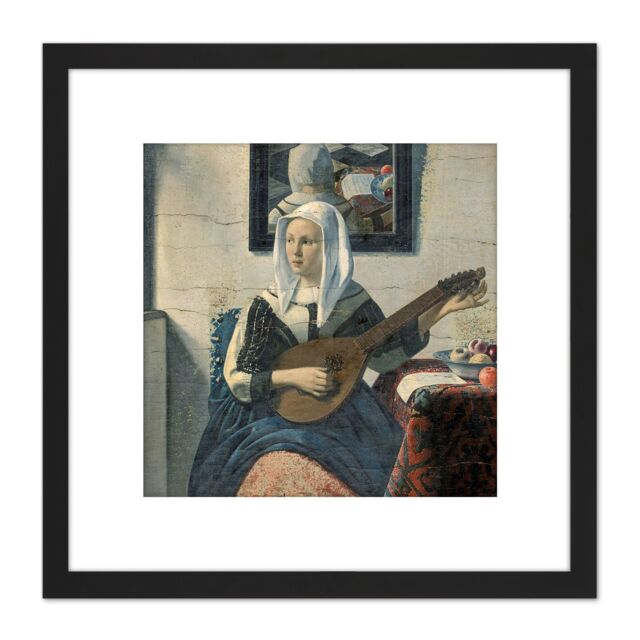 Artery8 Van Meegeren Woman Playing Cittern 8X8 Inch Square Wooden Framed Wall Art Print Picture with Mount in Black - image 1