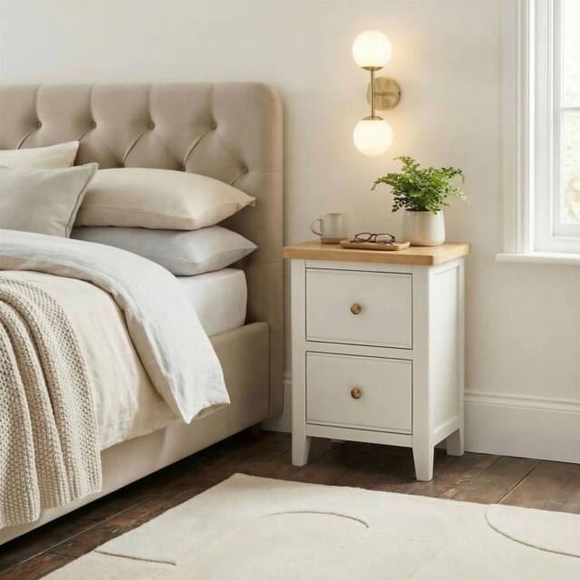 FurnitureboxUK Belle 2 Drawer Solid Oak Wood & Cream Slim Bedside Table - image 1