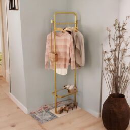 FURNOS Metal Double Coat Stand With 4 Hooks & Hanging Rail in Gold - thumbnail 5