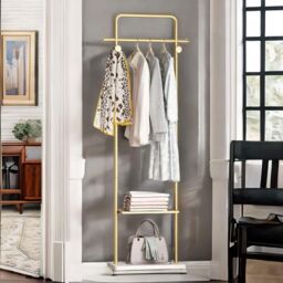 FURNOS Metal Double Coat Stand With 4 Hooks & Hanging Rail in Gold - thumbnail 2
