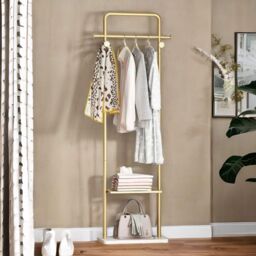 FURNOS Metal Double Coat Stand With 4 Hooks & Hanging Rail in Gold - thumbnail 1