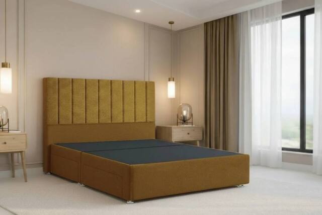 "Nexus Mattresses Ltd Kyoto Plush Divan Bed Base No Drawers - 54"" Headboard in Mustard - Size: Small Double" - image 1