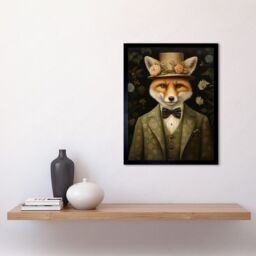 "Artery8 Wall Art Print Fox in Floral Victorian Suit & Top Hat Surrealism Artwork Green Orange Woodland Gentleman Art Framed - Size: W12"" x H16""" - thumbnail 2