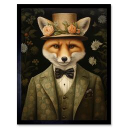 "Artery8 Wall Art Print Fox in Floral Victorian Suit & Top Hat Surrealism Artwork Green Orange Woodland Gentleman Art Framed - Size: W12"" x H16""" - thumbnail 1