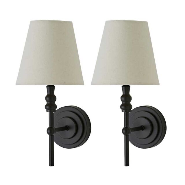 ValueLights Maggie Pair of Candlestick Wall Lights with Linen Tapered Lamp Shades in Black - image 1