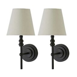 ValueLights Maggie Pair of Candlestick Wall Lights with Linen Tapered Lamp Shades in Black