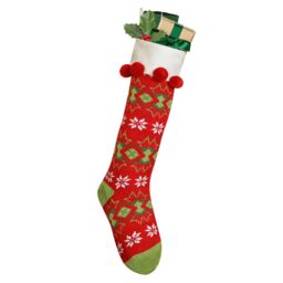Dibor Set of 2 Knitted Red Fair Isle Pompom Xmas Decor Christmas Stockings - Size: 2 Pack