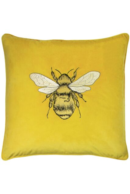Paoletti Hortus Embroidered Bee Soft Velvet Pipe Trimmed Cushion in Yellow - Size: 50 cm x 50 cm - image 1
