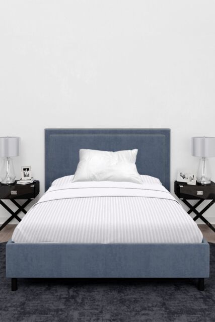Neel Blue 300TC Cotton Fitted Sheet, White Satin Stripe, Single, 90cmx190cmx30cm - Size: Single - image 1