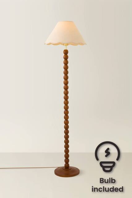 ValueLights Bobbin Colour Trim Linen Shade Walnut Bobble Floor Lamp with Bulb in Cream - image 1