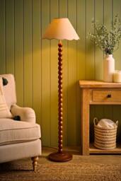 ValueLights Bobbin Colour Trim Linen Shade Walnut Bobble Floor Lamp with Bulb in Cream - thumbnail 3