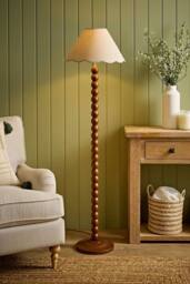 ValueLights Bobbin Colour Trim Linen Shade Walnut Bobble Floor Lamp with Bulb in Cream - thumbnail 2