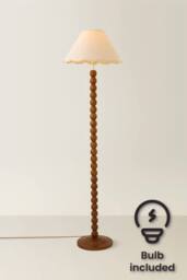 ValueLights Bobbin Colour Trim Linen Shade Walnut Bobble Floor Lamp with Bulb in Cream