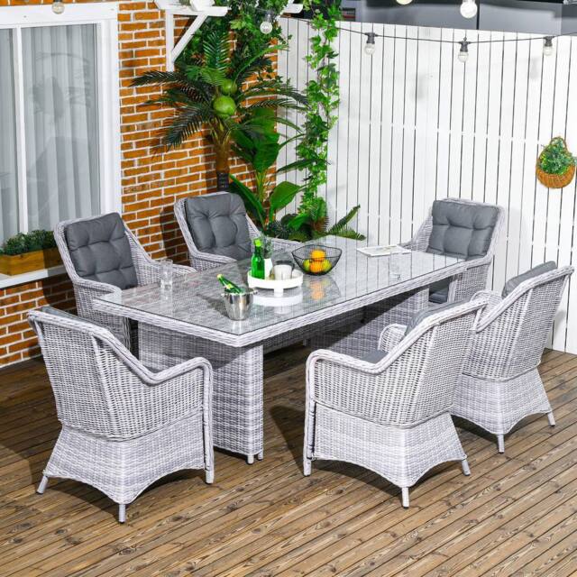 OUTSUNNY 7 PCS Patio PE Rattan Wicker Dining Table Set Furniture w/ Tempered Glass in Grey - Size: 7 Pack - image 1