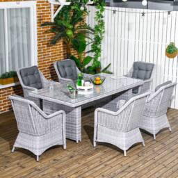 OUTSUNNY 7 PCS Patio PE Rattan Wicker Dining Table Set Furniture w/ Tempered Glass in Grey - Size: 7 Pack - thumbnail 1