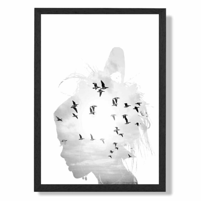 ARTZE Abstract & Seabirds Fashion Black & White Photo Framed Print SIZE: A4 with Black Frame - image 1