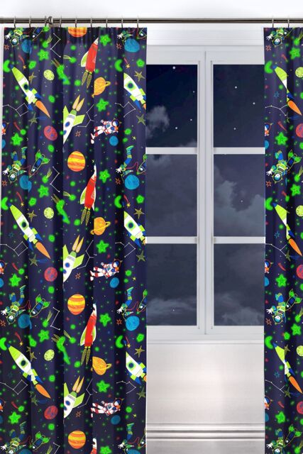Bedlam 'Supersonic' Glow In The Dark Space Rocket Pair of Pencil Pleat Curtains in Blue - Size: 168 cm width x 183 cm drop - image 1