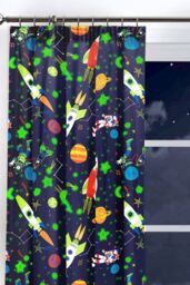 Bedlam 'Supersonic' Glow In The Dark Space Rocket Pair of Pencil Pleat Curtains in Blue - Size: 168 cm width x 183 cm drop - thumbnail 2