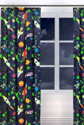Bedlam 'Supersonic' Glow In The Dark Space Rocket Pair of Pencil Pleat Curtains in Blue - Size: 168 cm width x 183 cm drop - thumbnail 1
