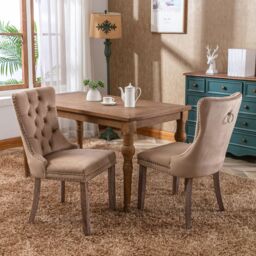 HomeTouch Winchester Luxury Velvet Upholstered Kitchen Dining Chairs with Pull Knocker Back & Oak Wood Legs Brown - Size: 4 Pack - thumbnail 4