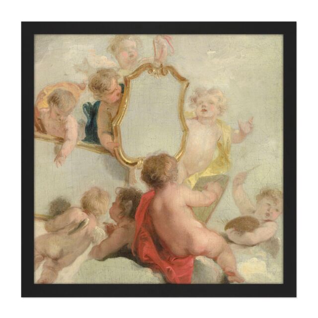 "Artery8 Wall Art Print De Wit Putti With Mirrors Cherub Babies Painting Square Framed Picture 16X16 Inch in Black - Size: W16"" x H16""" - image 1