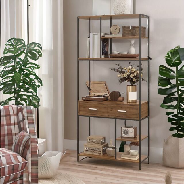 Rafaelo Mobilia Industrial Bookcase With 2 Large Drawers & Shelves in Brown - image 1