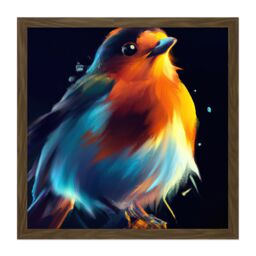 "Artery8 Wall Art Print Fat Robin Bird Vibrant Acrylic Orange Blue on Black Painting Square Framed Picture 16X16 Inch in Brown - Size: W16"" x H16""" - thumbnail 1