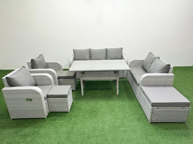 Fimous PE Rattan Garden Furniture Set Reclining Chair Sofa Double Love Seat 2 Seater Sofa Lounge Set Rectangular Dining Table 3 Stools Light Grey - image 1