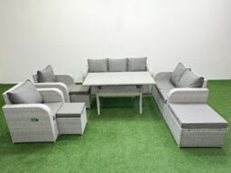 Fimous PE Rattan Garden Furniture Set Reclining Chair Sofa Double Love Seat 2 Seater Sofa Lounge Set Rectangular Dining Table 3 Stools Light Grey - thumbnail 2