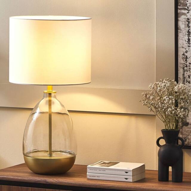 Wyld and Coco Table Lamp - Clear Glass Base with Gold Accents White Empire Shade - image 1