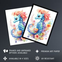 "Artery8 Wall Art Print Cute Seahorse Watercolour Artwork Fun Kids Bedroom Nursery Art Framed in Black - Size: W12"" x H16""" - thumbnail 2