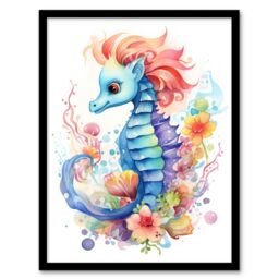 "Artery8 Wall Art Print Cute Seahorse Watercolour Artwork Fun Kids Bedroom Nursery Art Framed in Black - Size: W12"" x H16""" - thumbnail 1