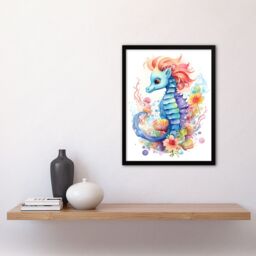 "Artery8 Wall Art Print Cute Seahorse Watercolour Artwork Fun Kids Bedroom Nursery Art Framed in Black - Size: W12"" x H16""" - thumbnail 4