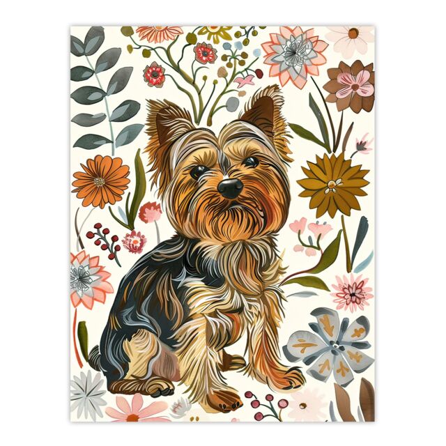 "Artery8 Yorkshire Terrier Dog Lover Boho Floral Pattern Wall Art Print in Brown - Size: W24"" x H32""" - image 1