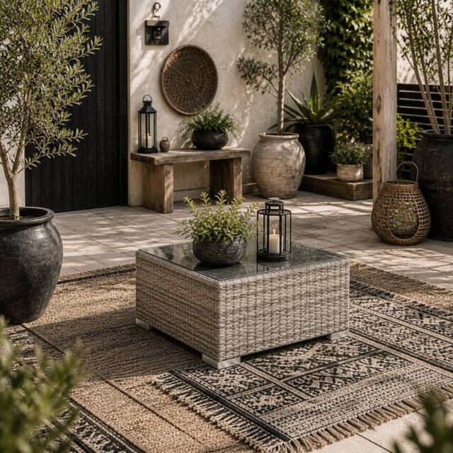 Wyld Haus Vimito Light Grey Square Rattan Outdoor Side Table with Glass Top - image 1