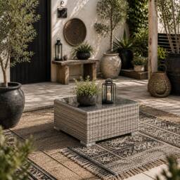 Wyld Haus Vimito Light Grey Square Rattan Outdoor Side Table with Glass Top