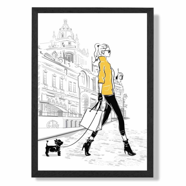ARTZE Paris Street with Dog Style & Fashion Sketch Framed Print SIZE: A2 with Black Frame in Yellow - Size: A4 - image 1