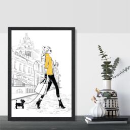 ARTZE Paris Street with Dog Style & Fashion Sketch Framed Print SIZE: A2 with Black Frame in Yellow - Size: A4 - thumbnail 2