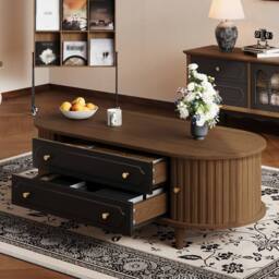 BTM Coffee Table Walnut Black Storage Drawers Roll Door Living Room Table