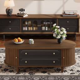 BTM Coffee Table Walnut Black Storage Drawers Roll Door Living Room Table - thumbnail 9