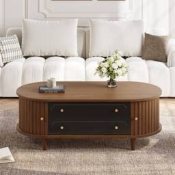 BTM Coffee Table Walnut Black Storage Drawers Roll Door Living Room Table - thumbnail 3