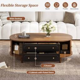 BTM Coffee Table Walnut Black Storage Drawers Roll Door Living Room Table - thumbnail 8
