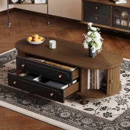 BTM Coffee Table Walnut Black Storage Drawers Roll Door Living Room Table - thumbnail 2