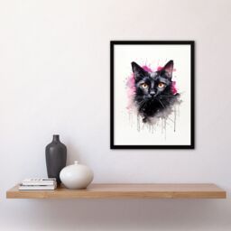 "Artery8 Wall Art Print Black Cat Lovers Gift Watercolour Pet Portrait Painting Artwork Art Framed - Size: W12"" x H16""" - thumbnail 4